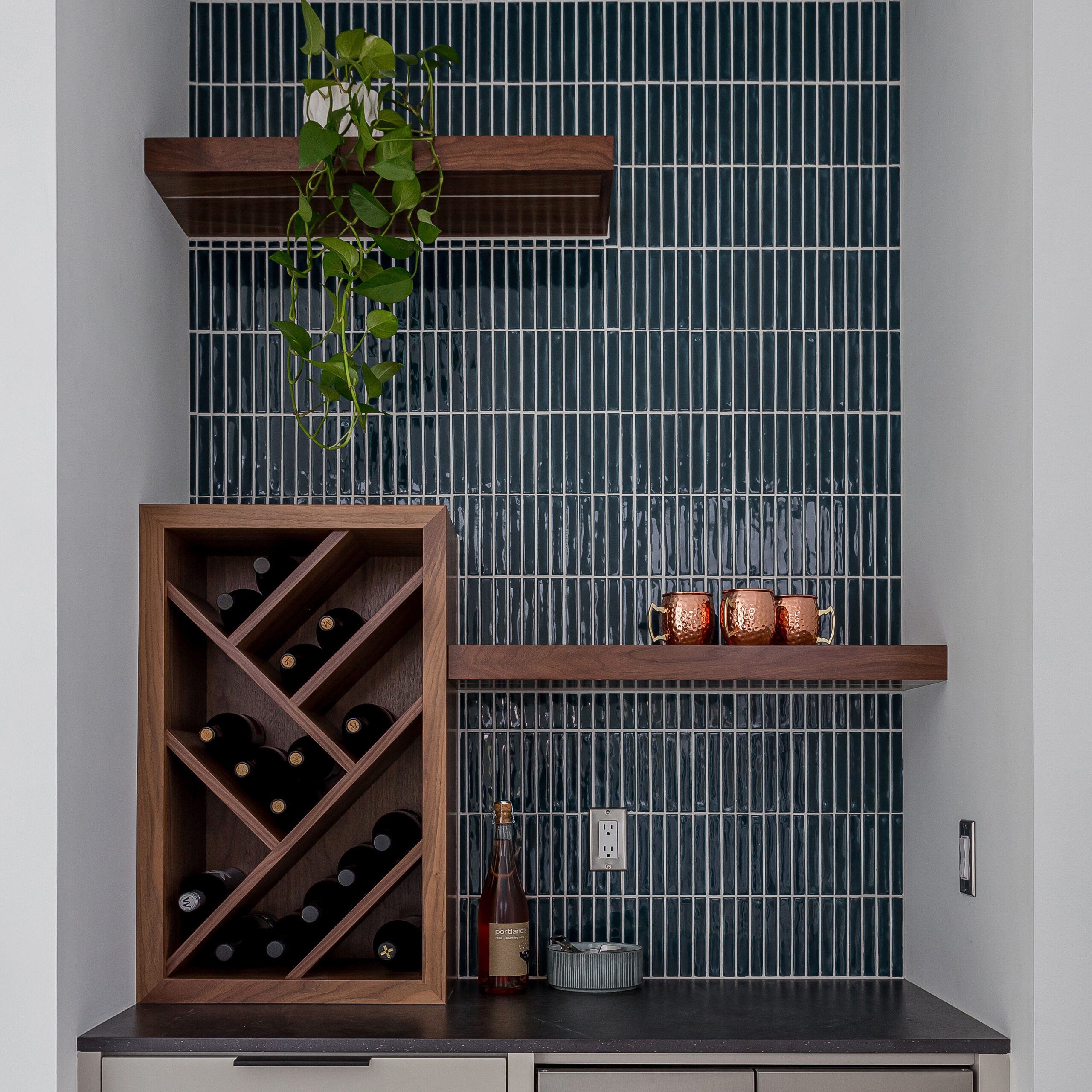 Custom wine rack and shelves with under cabinet LED lights